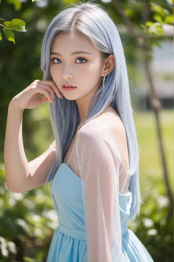 ulzzang-6500-v1.1,(RAW Photos:1.2), (Photorealistic), (See-through:1.3), (Genuine:1.4), ((masterpiece)),(Very realistic, High resolution, Detailed face, Beautiful Eyes), ((Glowing silver hair))、((blue eyes))、Pure beautiful girl、Are standing、Shot from the side、((White see-through dress)),　((The silhouette of the body is visible in the backlight))、((Full Body Shot:1.14)),