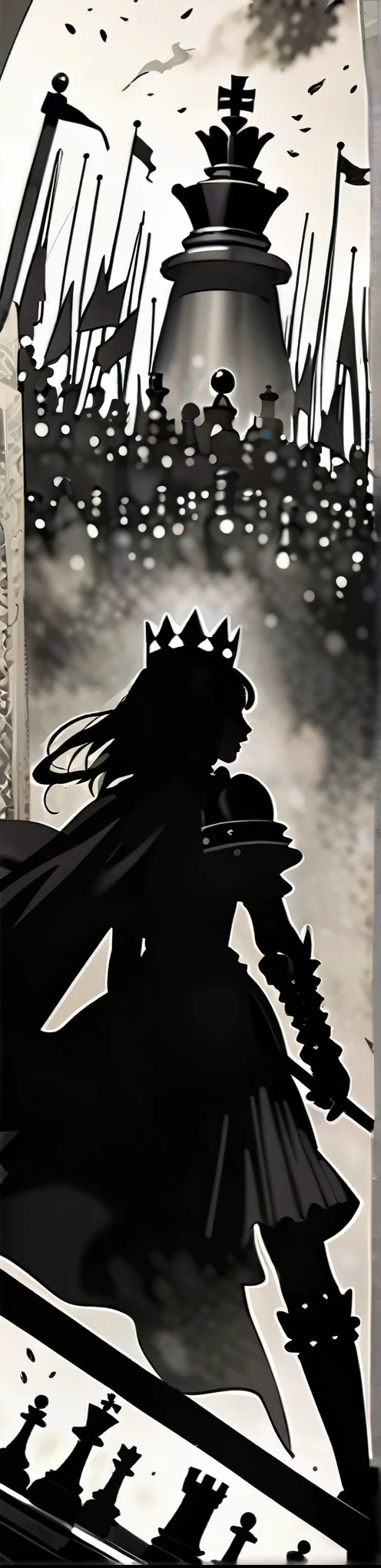 in style of Santiago Caruso, in style of Ashley Wood, Ultra wide-angle lens,Close-up, queen,queen \(chess\),Countless battle flags are flying,In the shadow of the Queen,graphic novels illustration