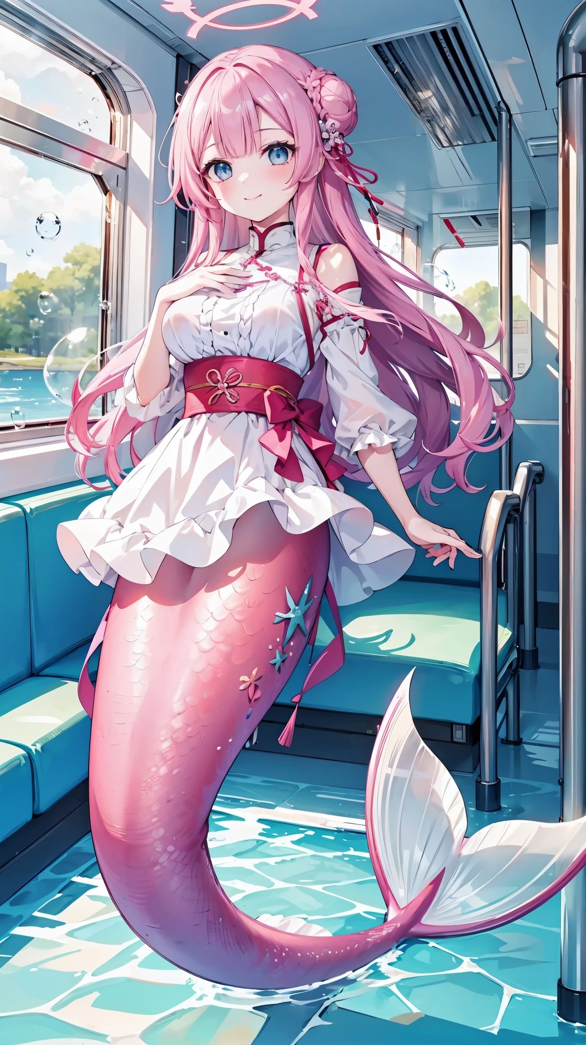 masterpiece, best quality,A girl,Pink Hair,Halo,Hair Bun,blue eyes,breast,单侧Hair Bun,Long hair,粉色Halo,braid,Hair accessories,大breast,White shirt,Mermaid,粉色的Mermaid尾巴,full-body shot,Transportation Facilities_be opposed to_window,(In the water:1.2), (bubble:1.3), Inside the train, (Surreal:1.2),Looking at the audience,Smile