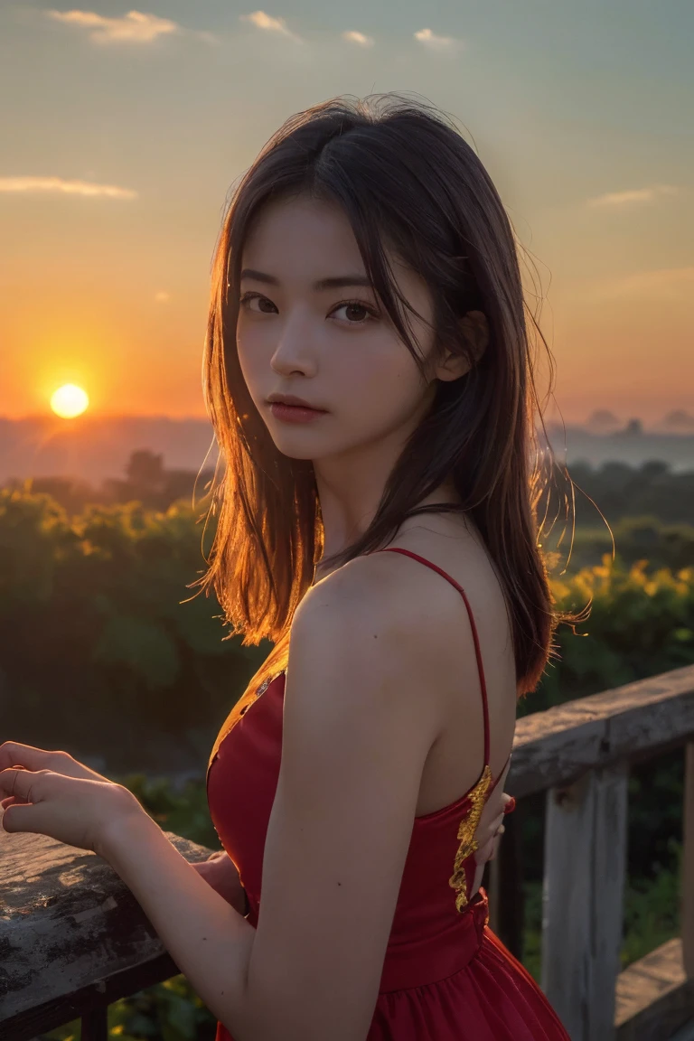(Highest quality:1.4),(masterpiece:1.4),(Realistic:1.4),(Realistic:1.2),(超High resolution, RAW Photos:1.4),(High resolution, Very detailed:1.2),(8K:1.2),Movie Photos,a photo of a dark-haired,One Girl,alone,wear ,((China dress))、((Upper Body:1.3)),((Sunrise time/Sunrise time/Sunrise time:1.3))