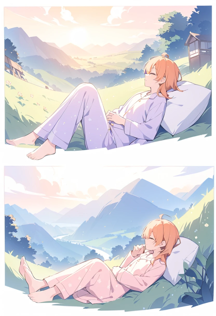 Orange Hair、man、man高校生、Lying down、Pajamas、pajamas、Landscapeで寝る、Open your eyes、Landscape、profile