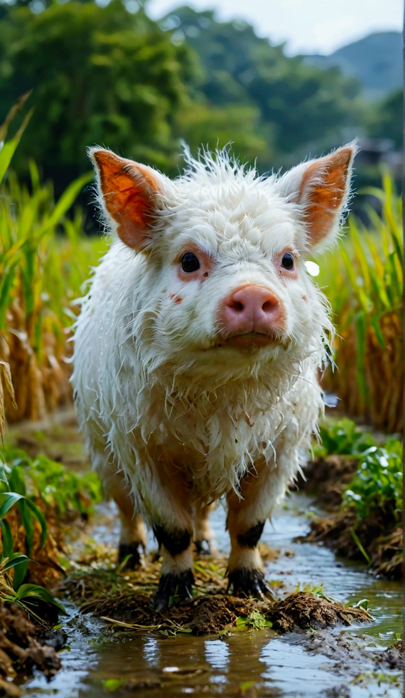 japanese horror, kunekune, standing in the center of the rice field, Appearance like white mist, Appears near rice fields and rivers in summer, Moves in a way that doesn't seem like a living thing, realistic