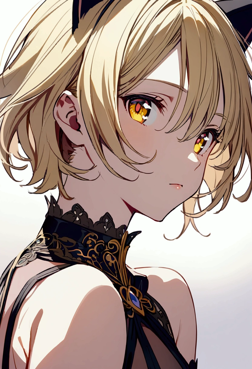 Handsome girl, anime girl, very short hair, light blonde hair, brass eyes, light pink lips, mole under the eye, cat ears, strapless shirt, sexy, call girl, wearing a collar,