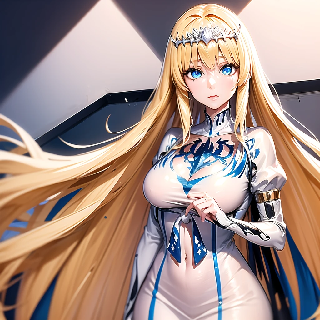 masterpiece, best quality, paint splatter, a looking at viewer, 1girl,solo, calca, blonde hair, ,( extremely long hair), very long hair, extra long hair, white tiara, white dress, blue eyes,Calca Bessarez, medium breast,Calca,