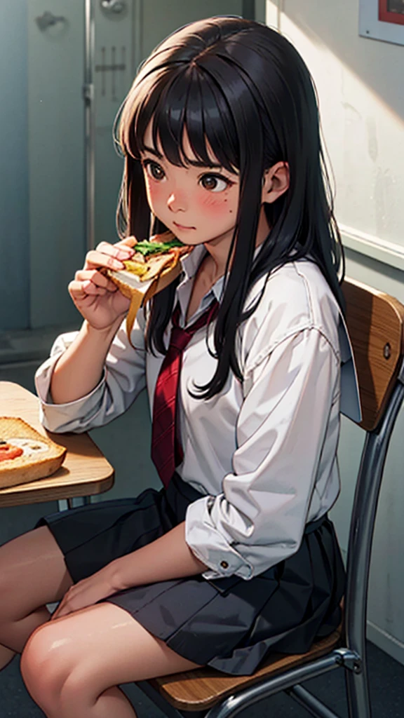 (Girl sitting on chair eating sandwich),High School days, One girl, bangs, Black Hair, blush, Brown eyes, Camera in line of sight, Long Hair、、Pounding face、Red Tide、School、High resolution、Professional、Highly detailed face、Perfect lighting、 Highly detailed CG、(Perfect hands、Perfect Anatomy)、Serious girl、Cheerful girl