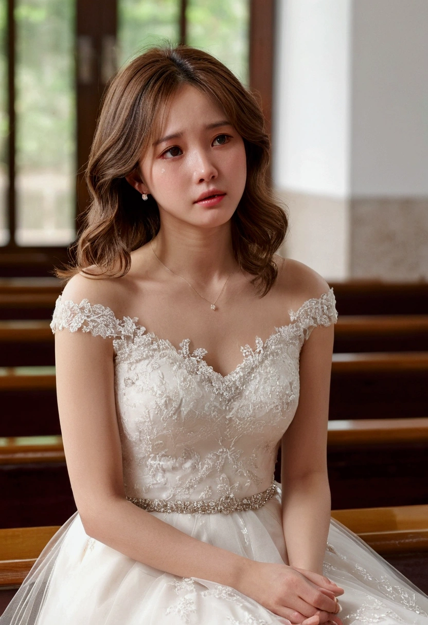 full-body shot。She sat cross-legged。(original photo, best quality), (Practical, Practical:1.3), On the table, Crying face, Very refined, Soft Light, (Brown hair, Shoulder-length hair fluttering in the wind), Beautiful and delicate girl, Highly detailed eyes and face, Beautiful and delicate nose, Pretty and beautiful eyes, (Crying face:1.3)1 girl,Pure beauty, Lovely,, (Small Breasts:1.2), Practical face, Practical body,full-body shot、Wearing a wedding dress。She was in church。