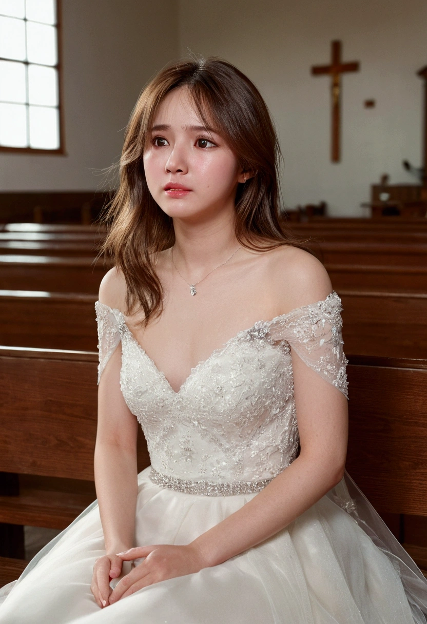 full-body shot。She sat cross-legged。(original photo, best quality), (Practical, Practical:1.3), On the table, Crying face, Very refined, Soft Light, (Brown hair, Shoulder-length hair fluttering in the wind), Beautiful and delicate girl, Highly detailed eyes and face, Beautiful and delicate nose, Pretty and beautiful eyes, (Crying face：1.3)1 girl,Pure beauty, Lovely,, (Small Breasts:1.2), Practical face, Practical body,full-body shot、Wearing a wedding dress。She was in church。