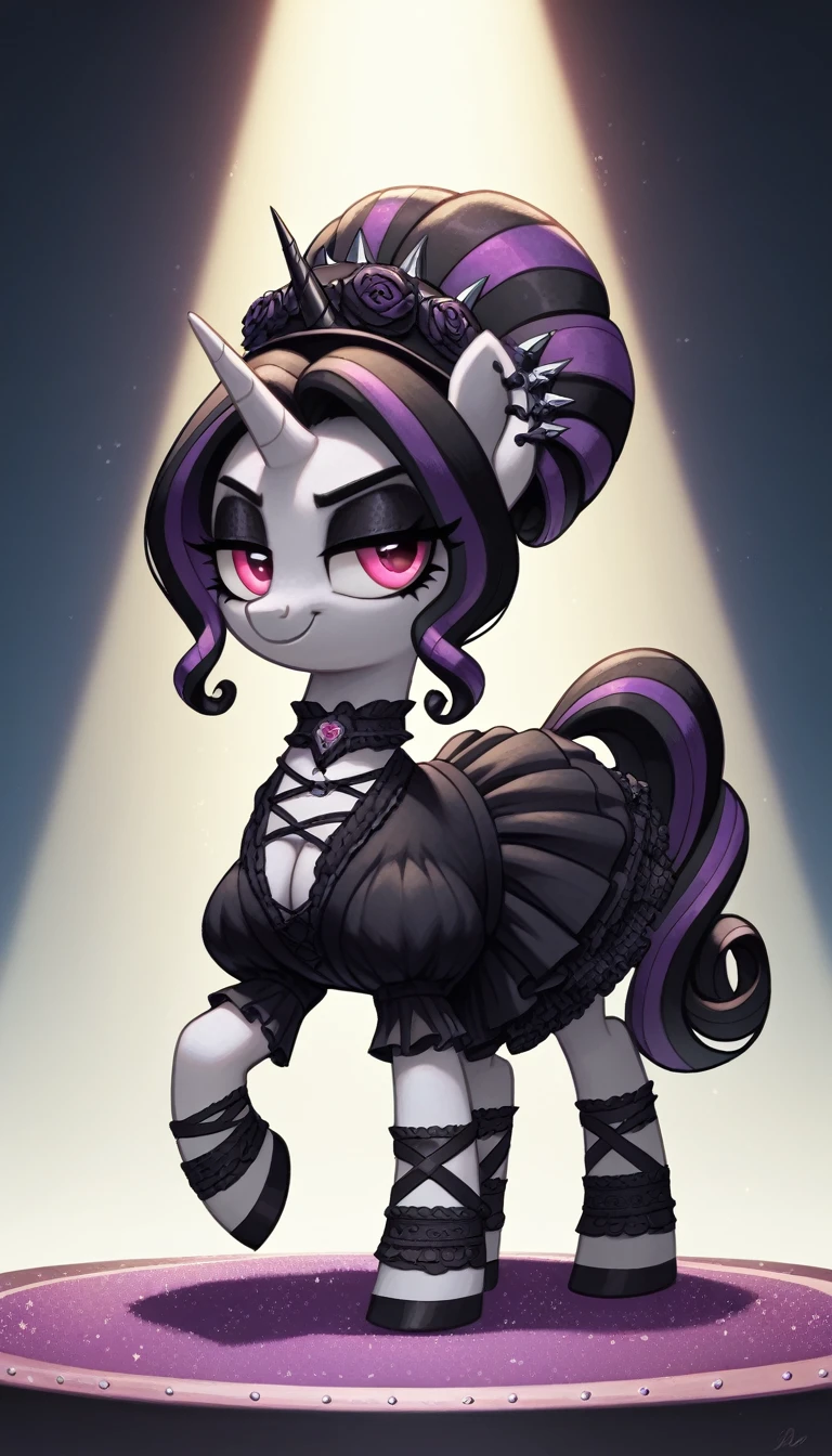 score_9,score_8_up,score_7_up,score_6_up, filly, unicorn, Gothic pony, lolita goth fashion, glowing backlight, fashion show, catwalk scene, glitter, whimsical, enchanted, magical, fantasy art concept, intricate details, smug smile, large Breast Augmentation Implants like a blimp,