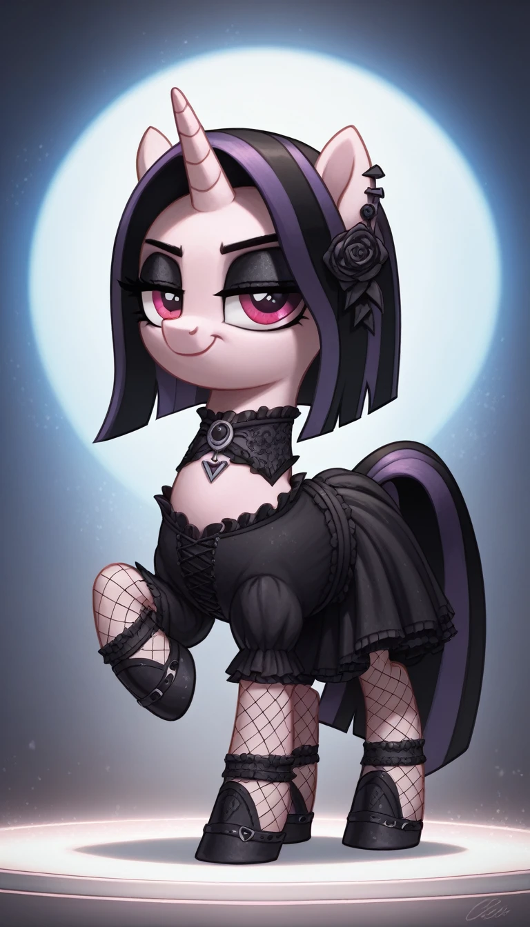 score_9,score_8_up,score_7_up,score_6_up, filly, unicorn, Gothic pony, lolita goth fashion, glowing backlight, fashion show, catwalk scene, glitter, whimsical, enchanted, magical, fantasy art concept, intricate details, smug smile, large Breast Augmentation Implants like a blimp,
