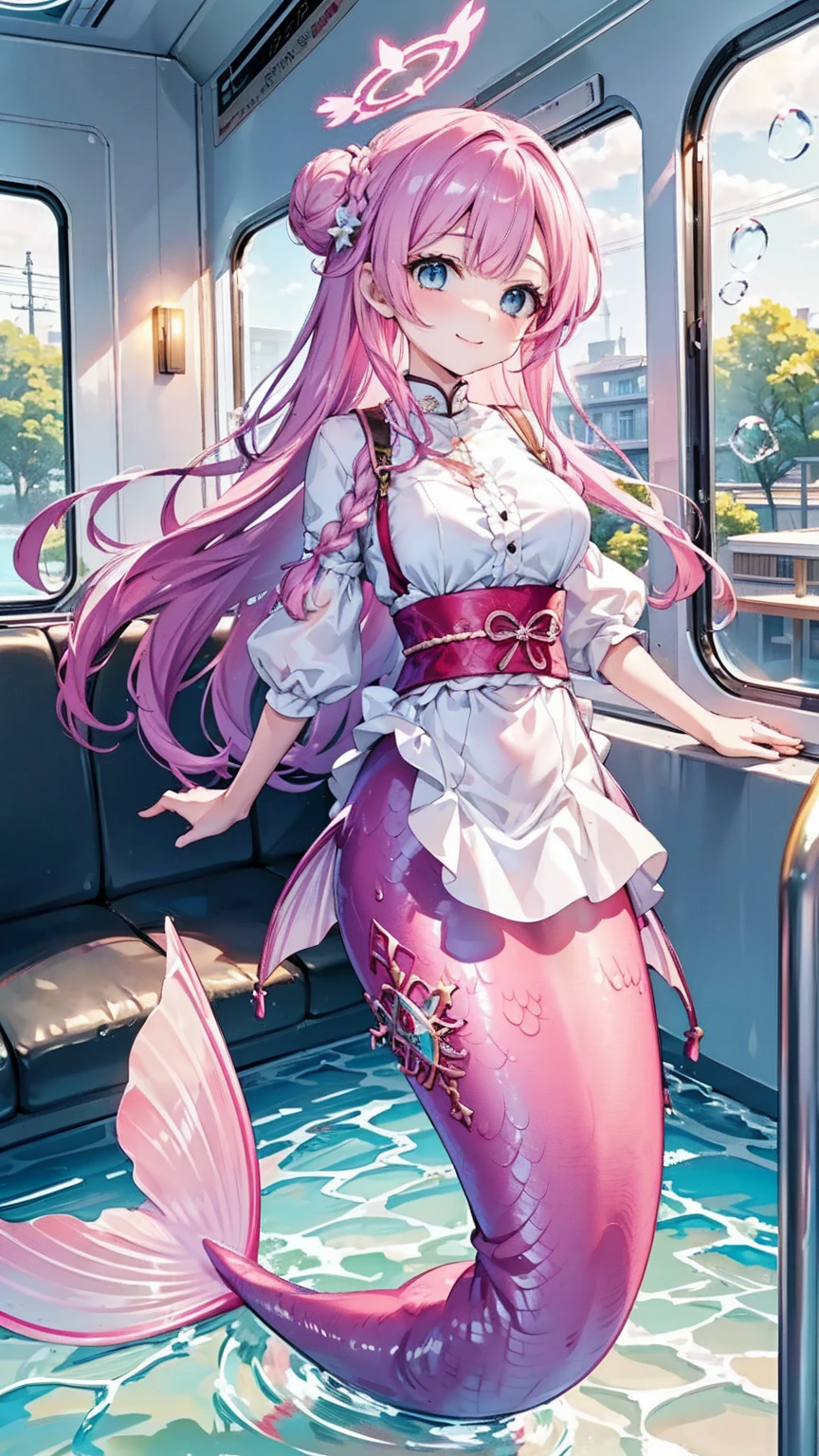 masterpiece, best quality,A girl,Pink Hair,Halo,Hair Bun,blue eyes,breast,单侧Hair Bun,Long hair,粉色Halo,braid,Hair accessories,大breast,White shirt,Mermaid,粉色的Mermaid尾巴,full-body shot,Transportation Facilities_be opposed to_window,(In the water:1.2), (bubble:1.3), Inside the train, (Surreal:1.2),Looking at the audience,Smile