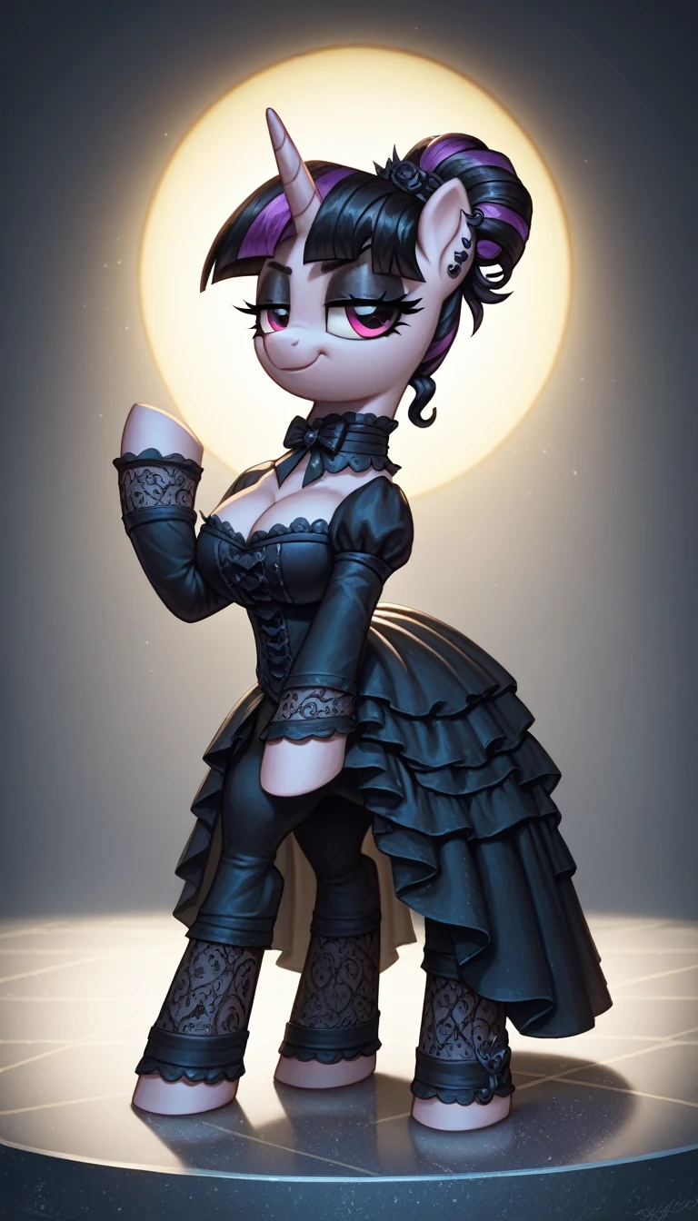 score_9,score_8_up,score_7_up,score_6_up, filly, unicorn, Gothic pony, ta goth fashion, glowing backlight, fashion show, catwalk scene, glitter, whimsical, enchanted, magical, fantasy art concept, intricate details, smug smile, large Breast Augmentation Implants like a blimp,