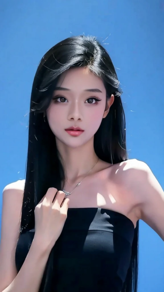 riz, leogirl, cute 1girl, long tousled black hair, biting lips, seductive forward lean, delicate skin, delicate face, real, realistic, 1girl,shinny black hair,blue background,upper body,