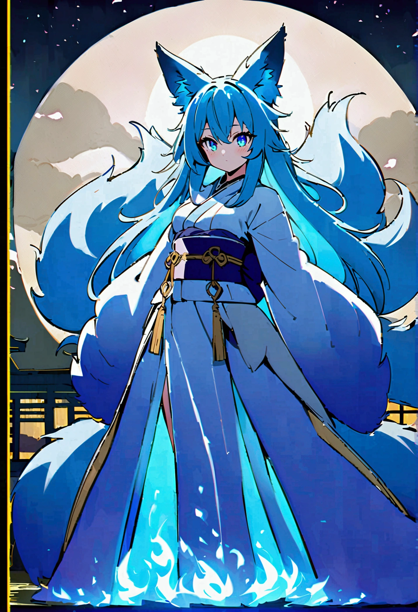 fox Light blue hair 　beast girl　indigo fur　fox beast girl　fox Light blue hair 　beast girl　indigo fur　fox beast girl　Wallpaper 4k,8k,highly detailled,,vivid colors,detailed kitsune with 9 tails,traditional Japanese artwork,tatami floor,beautiful cherry blossoms,floating lanterns,dark silhouette of a pagoda,subtle moonlight,dense forest,ethereal atmosphere,dappled sunlight,whimsical spirit,serene expression,elaborate kimono and obi,delicate hand-painted details,luminous eyes　Anime Style　fox　blue　White-faced golden-haired nine-tailed fox　Coat blue　　fox Light blue hair 　beast girl　indigo fur　fox beast girl　Anime Style　fox　blue　White-faced golden-haired nine-tailed fox　Coat blue　　　mysterious background　Blue Flame　girl　have a ball of light　fox Light blue hair 　beast girl　indigo fur　fox beast girl　mysterious background　Blue Flame　girl　have a ball of light Anime Style　fox　blue　White-faced golden-haired nine-tailed fox　Coat blue　　　mysterious background　Blue Flame　girl　have a ball of light