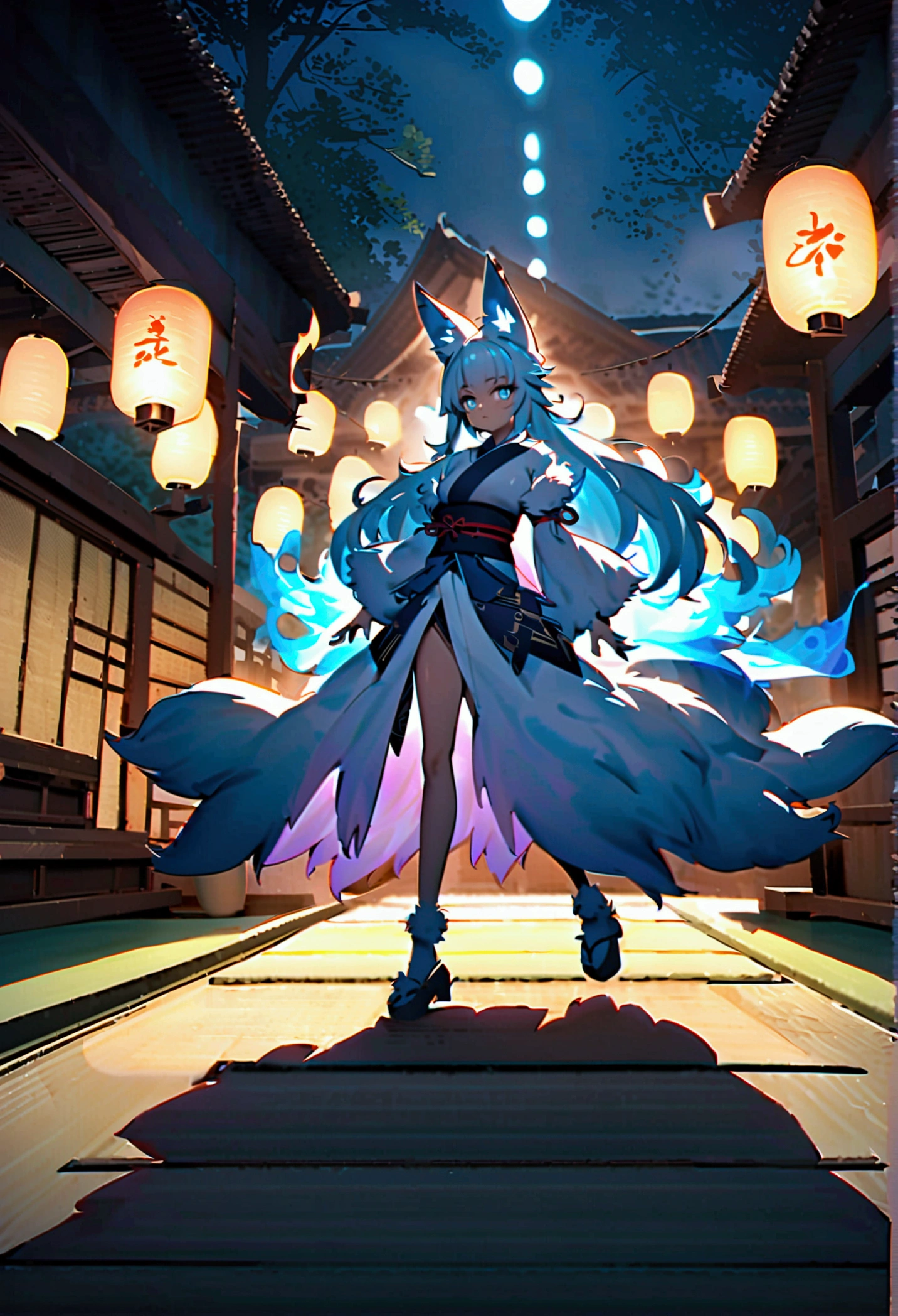 fox Light blue hair 　beast girl　indigo fur　fox beast girl　fox Light blue hair 　beast girl　indigo fur　fox beast girl　Wallpaper 4k,8k,highly detailled,,vivid colors,detailed kitsune with 9 tails,traditional Japanese artwork,tatami floor,beautiful cherry blossoms,floating lanterns,dark silhouette of a pagoda,subtle moonlight,dense forest,ethereal atmosphere,dappled sunlight,whimsical spirit,serene expression,elaborate kimono and obi,delicate hand-painted details,luminous eyes　Anime Style　fox　blue　White-faced golden-haired nine-tailed fox　Coat blue　　fox Light blue hair 　beast girl　indigo fur　fox beast girl　Anime Style　fox　blue　White-faced golden-haired nine-tailed fox　Coat blue　　　mysterious background　Blue Flame　girl　have a ball of light　fox Light blue hair 　beast girl　indigo fur　fox beast girl　mysterious background　Blue Flame　girl　have a ball of light Anime Style　fox　blue　White-faced golden-haired nine-tailed fox　Coat blue　　　mysterious background　Blue Flame　girl　have a ball of light