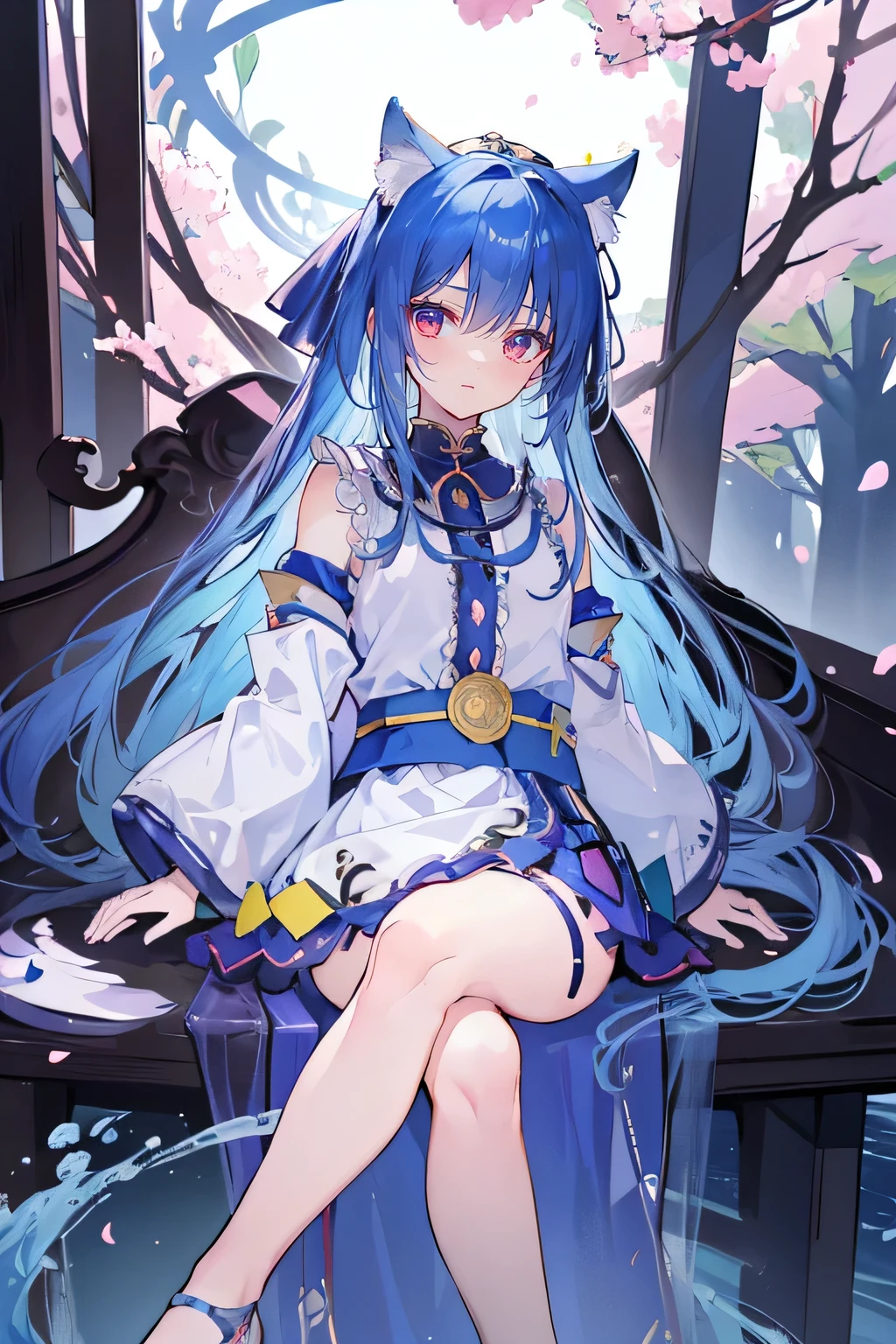 (masterpiece:1.2),Super detailed,lifelike,Expressive eyes,fair skin,perfect face shape,1 girl,
Japanese comics,Gorgeous blue hair,flowing blue hair,flowing clothes,Cat ears,Petals fall,beautiful lola,Baby Angel,
,Cross your legs,Gentle and peaceful background,The pavilion is cool and comfortable,