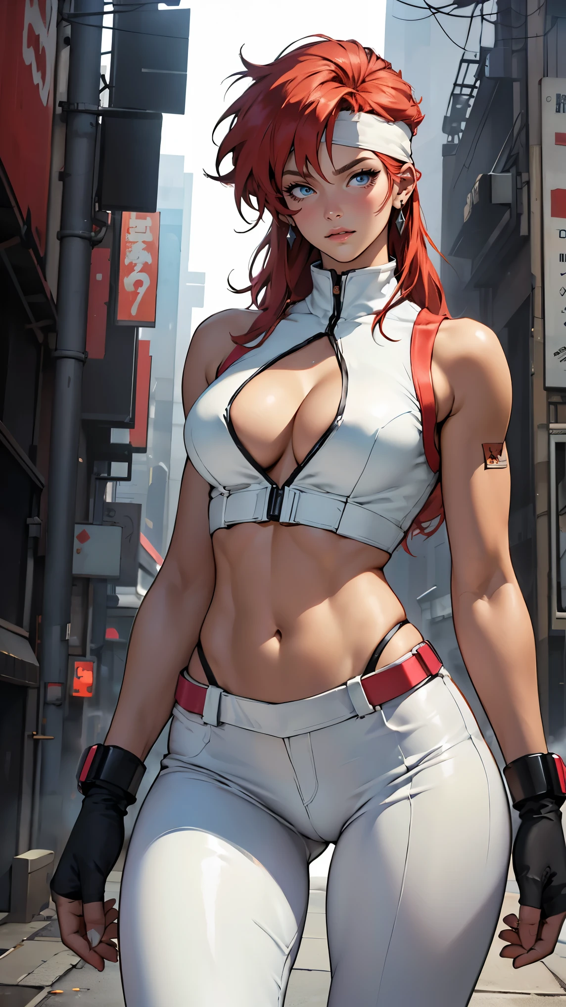 ((Masterpiece, highest quality; 1.3)), super quality, beautiful detail, super detailed, extra fine, 16K, exquisite, absurd, high resolution, beautiful background, detailed background, beautiful eyes, beautiful skin, anime style, Kay from Dirty Pair in a white outfit, tight outfit, cleavage, bushy redhead beauty, very light blue uniform, wearing tight clothes, skimpy, (mid chest: 1.2), cleavage, cleavage, slim waist , thin waist, slim thighs, thin legs, slim legs. thigh gap, showing stomach, skinny, thin hips, cyberpunk city background, holding retro space gun , headband,