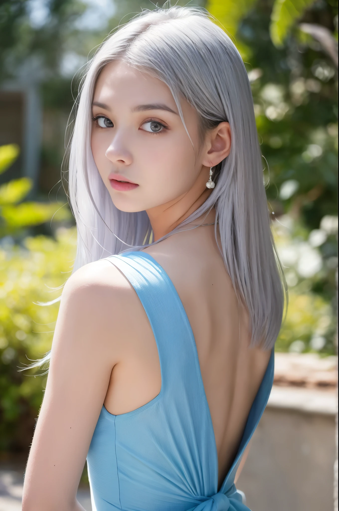 ulzzang-6500-v1.1,(RAW Photos:1.2), (Photorealistic), (Genuine:1.4), ((masterpiece)),(Very realistic, High resolution, Detailed face, Beautiful Eyes), ((Glowing silver hair))、((blue eyes))、Pure beautiful girl、Are standing、Shot from the side、(White see-through dress), The silhouette of the body is visible in the backlight、
