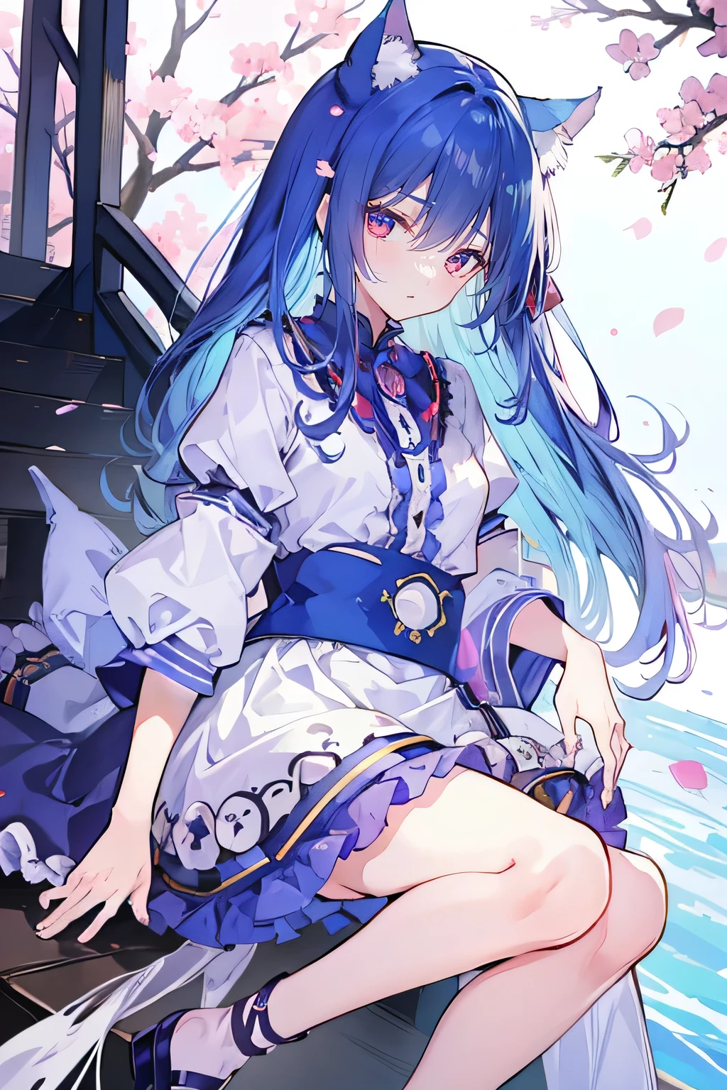 (masterpiece:1.2),Super detailed,lifelike,Expressive eyes,fair skin,perfect face shape,1 girl,
Japanese comics,Gorgeous blue hair,flowing blue hair,flowing clothes,Cat ears,Petals fall,beautiful lola,Baby Angel,
,Cross your legs,Gentle and peaceful background,The pavilion is cool and comfortable,