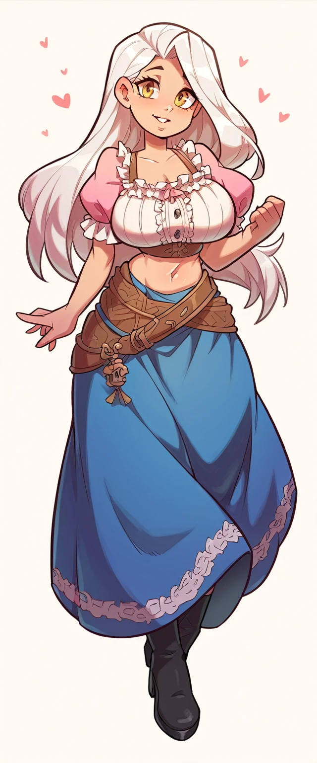 a tall girl, big breast, beautiful beauty, beautiful, cute, loving, long white hair, her blue-yellow eye, she wears a medieval pink blouse with a short sleeve button, shows her navel and a short dark blue skirt, a brown belt, a long black heel.