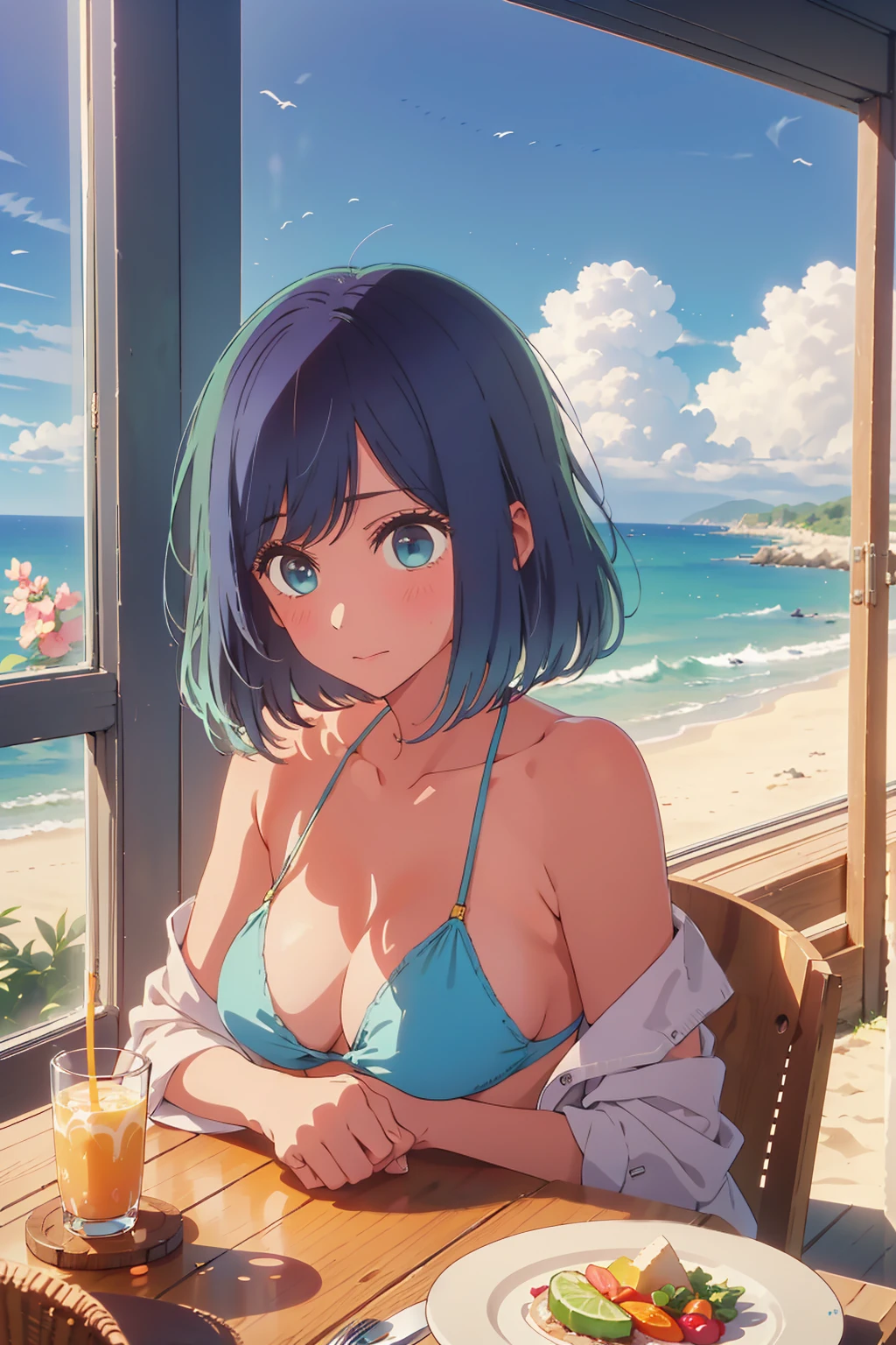 (Highest quality:1.4、masterpiece:1.4、Super detailed:1.4、8K:1.4)、((((1 person、Surprised expression、sit、Cafe Terrace、coastal、juice、table、Sandy Beach、juiceのグラスを持つ、Plain Bikini、Very soft boobs、Big eyes、Very cute face))))、F cup bust、Medium breast