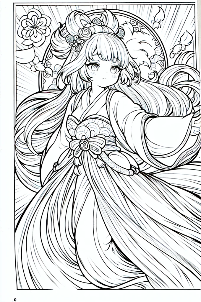 As a coloring book, the color should be black and white, the border should be simple, clear, and bold. A graceful Asian girl with elegant movements is performing a traditional Japanese dance in a grand [Kabuki theater]. She is wearing an exquisite [kimono with crane pattern], the flowing silk fabric accentuating her graceful movements. The girl's face is painted with delicate makeup, and her hair is adorned with an elaborate [hair ornament]. The intricate details of the kimono and the theater setting provide a rich visual tapestry for the coloring book illustration.