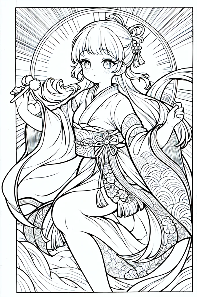 As a coloring book, the color should be black and white, the border should be simple, clear, and bold. A graceful Asian girl with elegant movements is performing a traditional Japanese dance in a grand [Kabuki theater]. She is wearing an exquisite [kimono with crane pattern], the flowing silk fabric accentuating her graceful movements. The girl's face is painted with delicate makeup, and her hair is adorned with an elaborate [hair ornament]. The intricate details of the kimono and the theater setting provide a rich visual tapestry for the coloring book illustration.