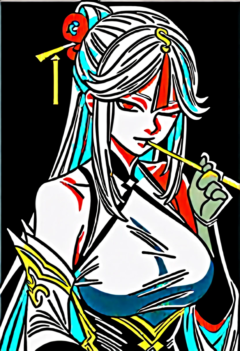 ningguang(genshin impact), 1girl, bare shoulders, black background, black gloves, BLACK hair, china dress, chinese clothes, claw ring, detached sleeves, dress, flower, gloves, hair flower, hair ornament, holding, holding smoking pipe, long hair, looking at viewer, one eye closed, parted lips, red eyes, red flower, sidelocks, single hair bun, smoking pipe, solo, tassel, upper body, white hair