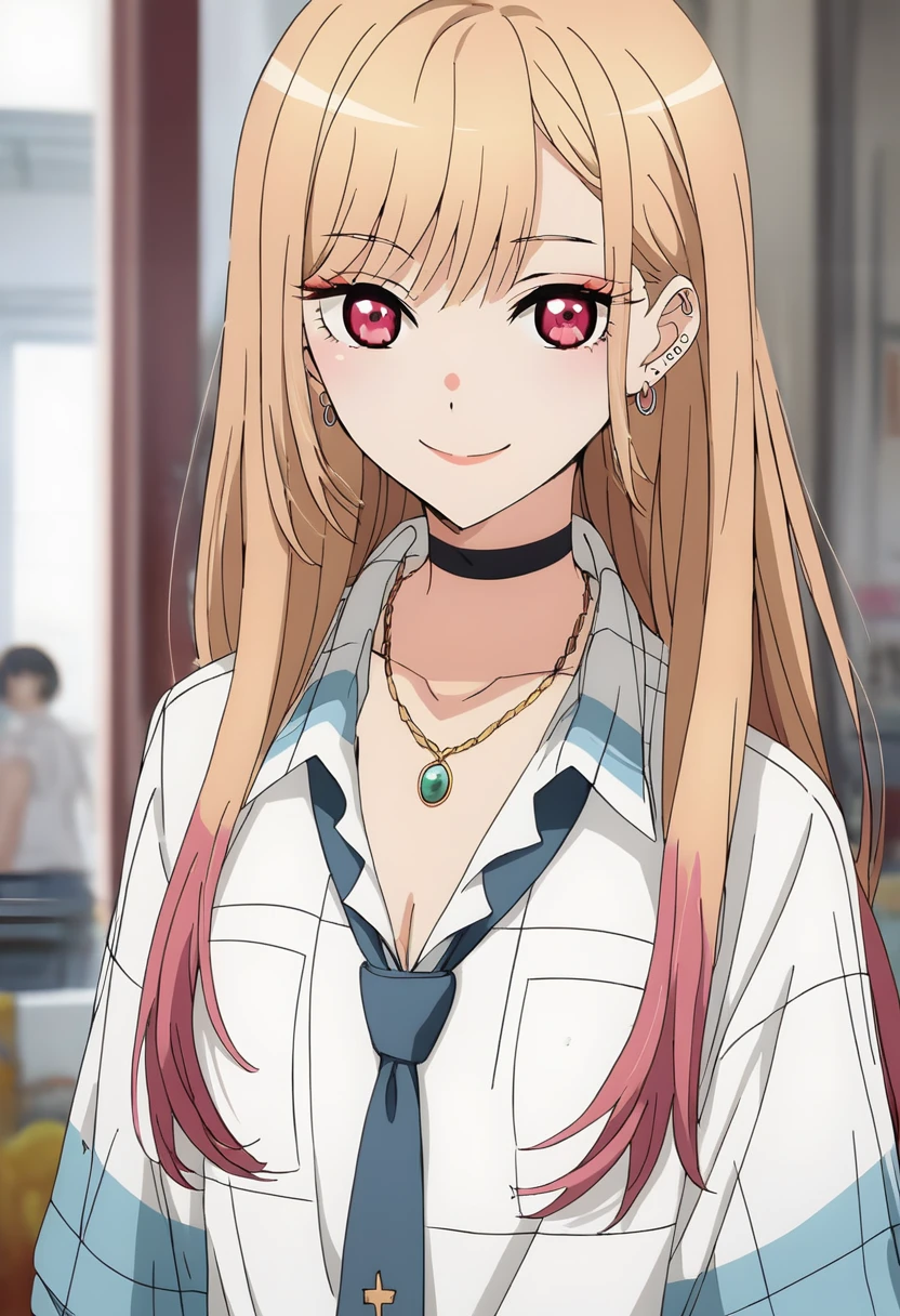 (score_9_superior, score_8_superior, score_7_superior), (masterpiece, Highest quality, Super detailed, Intricate details, source anime, High resolution, Smooth lines,nsfw), Kitagawa Marine, One girl, alone, Long Hair, chest, View your viewers, smile, bangs, Blonde, large chest, Red eyes, jewelry, medium chest, Multicolored Hair, Earrings, choker, necklace, black choker, Earrings, ear Earrings, , White shirt, tie shirt, Blue tie, Checked skirt, anime,