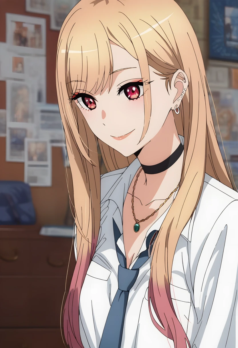 (score_9_superior, score_8_superior, score_7_superior), (masterpiece, Highest quality, Super detailed, Intricate details, source anime, High resolution, Smooth lines,nsfw), Kitagawa Marine, One girl, alone, Long Hair, chest, View your viewers, smile, bangs, Blonde, large chest, Red eyes, jewelry, medium chest, Multicolored Hair, Earrings, choker, necklace, black choker, Earrings, ear Earrings, , White shirt, tie shirt, Blue tie, Checked skirt, anime,