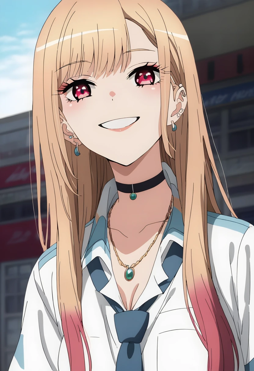 (score_9_superior, score_8_superior, score_7_superior), (masterpiece, Highest quality, Super detailed, Intricate details, source anime, High resolution, Smooth lines,nsfw), Kitagawa Marine, One girl, alone, Long Hair, chest, View your viewers, smile, bangs, Blonde, large chest, Red eyes, jewelry, medium chest, Multicolored Hair, Earrings, choker, necklace, black choker, Earrings, ear Earrings, , White shirt, tie shirt, Blue tie, Checked skirt, anime,