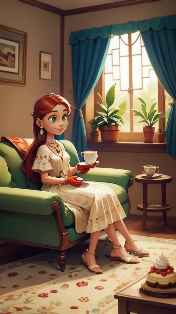 Concept Art,character illustration of a,European and American cartoons,(whole body:1.5),Mid-Long View,carpet,(Puppy lying on the floor),shoe,一个20岁的金发女生悠闲的sit在living room,Holding a cup of coffee,A laid-back expression,Relax,Leisure,European and American cartoons,1 Girl,freckle,Solitary,Jewelry,Green Eyes,Weaving,earrings,twin Weavings,necklace,Looking at the audience,Red hair,plant,Puff sleeves,bracelet,Smile,Long hair,puffy short sleeve,Necklace,dress,flower,Coffee cup,Gloves,earrings,Jewelry,肘部Gloves,cup,,sit,sofa,window,cake,小cake,sofa,living room,solo