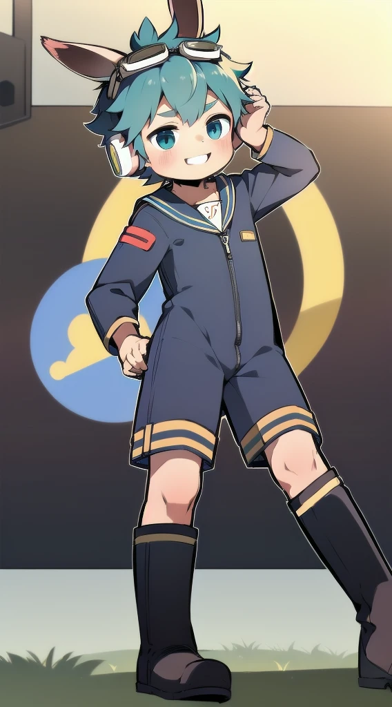 2D Shonen Shota,Dark green climbing jumpsuit,Slim, healthy body,Put the headphones on your head,stand up,goggles,Rabbit ears,Happy,Sailor collar,boots,charming,Akimbo
