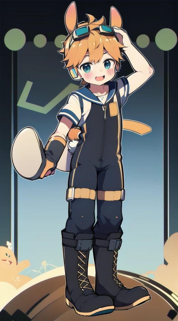 2D Shonen Shota,Dark green climbing jumpsuit,Slim, healthy body,Put the headphones on your head,stand up,goggles,Rabbit ears,Happy,Sailor collar,boots,charming,Akimbo