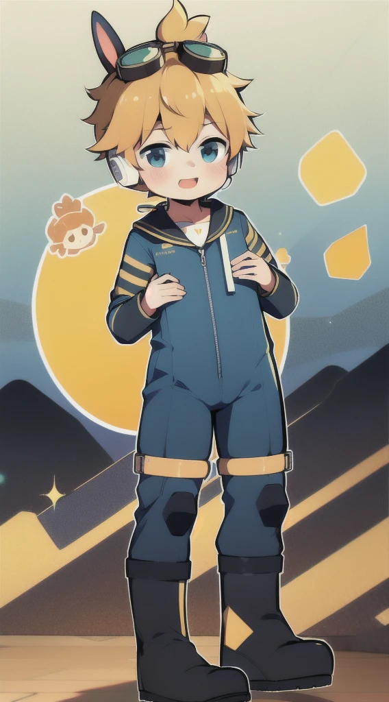 2D Shonen Shota,Dark green climbing jumpsuit,Slim, healthy body,Put the headphones on your head,stand up,goggles,Rabbit ears,Happy,Sailor collar,boots,charming,Akimbo