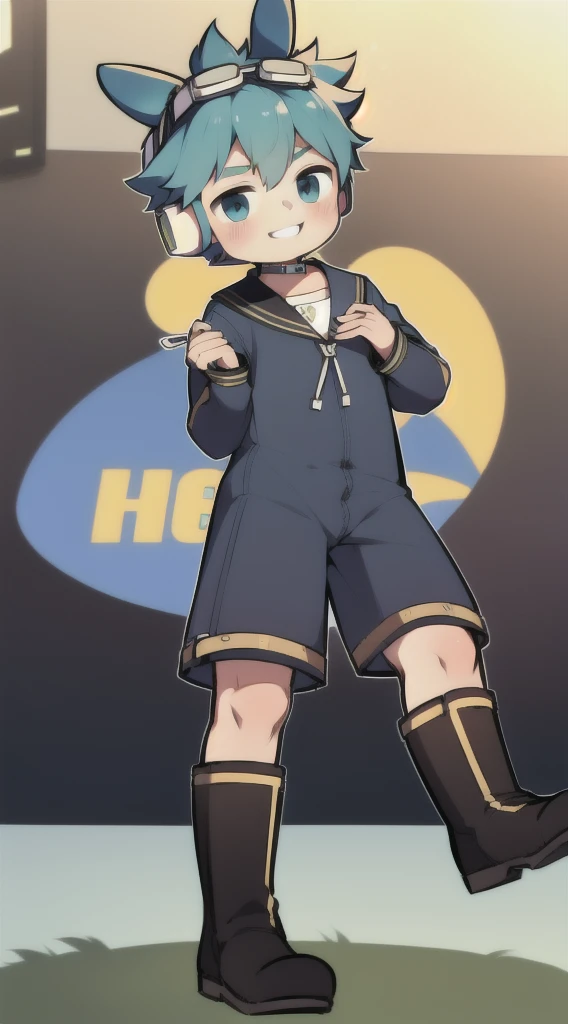 2D Shonen Shota,Dark green climbing jumpsuit,Slim, healthy body,Put the headphones on your head,stand up,goggles,Rabbit ears,Happy,Sailor collar,boots,charming,Akimbo