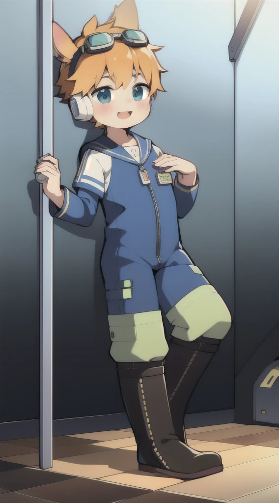 2D Shonen Shota，Dark green climbing jumpsuit，Slim, healthy body，Put the headphones on your head，stand up，goggles，Rabbit ears，Happy，Sailor collar，boots，charming，Akimbo