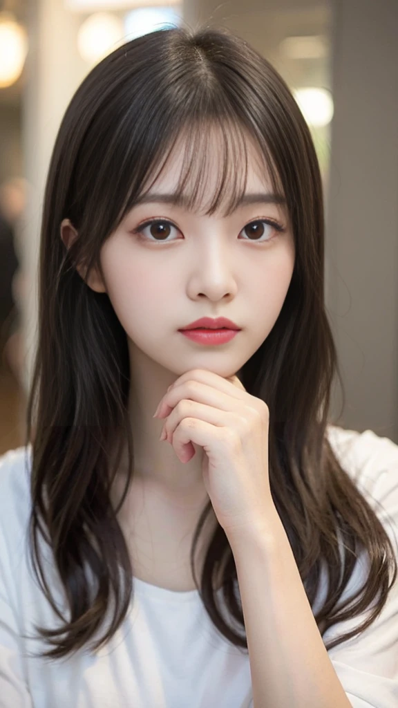 Close-up of a long-haired woman in a white shirt, 1 8 is, 18-year-old, 19-year-old girl, Chen Xintong, Korean Girls, Shision Wu, Choi Hong-hwa, 22 years old, 21 years old, Ulzzang, Wenfei Ye, Young and pretty Asian face, lips,Big Breasts,