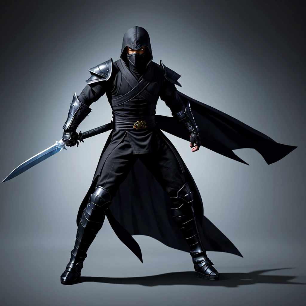 A full body picture of a armored shadow ninja with a dark sword from mortal Kombat