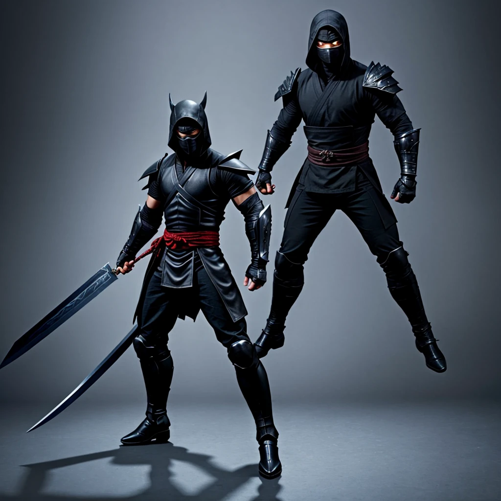 A full body picture of a armored shadow ninja with a dark sword from mortal Kombat