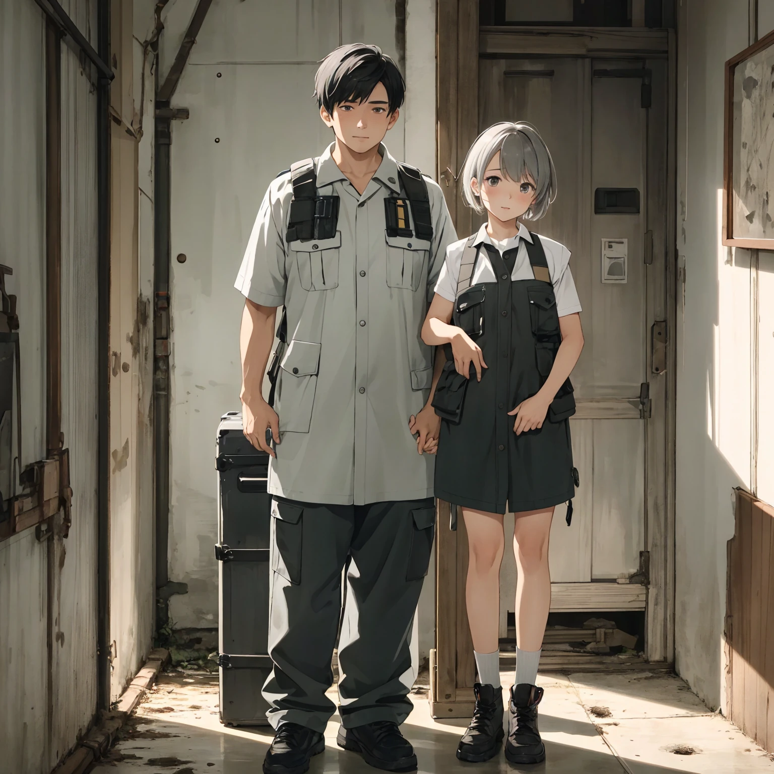 2others, (1girl, _young, small, girl with short gray hair, gray eyes, wearing dirty grey torn dress), (1man, tall, military vest and cargo pants), holding hands, (((size difference:1.5))), tumblr, sosaku hanga, doujin, ddlc, zerochan, top quality, best quality, highres, unparalleled masterpiece, perfect artwork, paid reward available, indoor