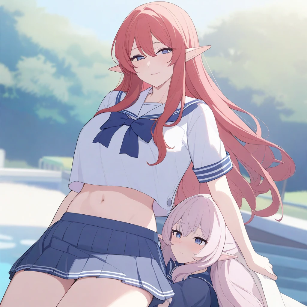 masterpiece, best quality, high quality, beautiful anime character, solo, anime girl with red hair, soft hair, long hair, blue eyes, elf ears, big breasts, mature female, tall female, big girl, thick, (calming face, light smile, loving eyes), outdoors, (sailor uniform, pleated skirt, ribbon), short sleeves, navel, legs, (futanari, futa, dick girl, otonoko, penis under skirt), (penis_under_skirt), (girl having a penis)