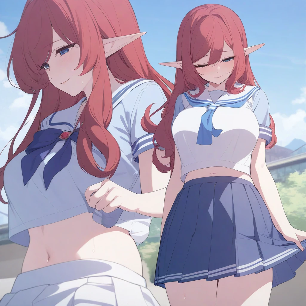 masterpiece, best quality, high quality, beautiful anime character, solo, anime girl with red hair, soft hair, long hair, blue eyes, elf ears, big breasts, mature female, tall female, big girl, thick, (calming face, light smile, loving eyes), outdoors, (sailor uniform, pleated skirt, ribbon), short sleeves, navel, legs, (futanari, futa, dick girl, otonoko, penis under skirt), (penis_under_skirt), (girl having a penis)