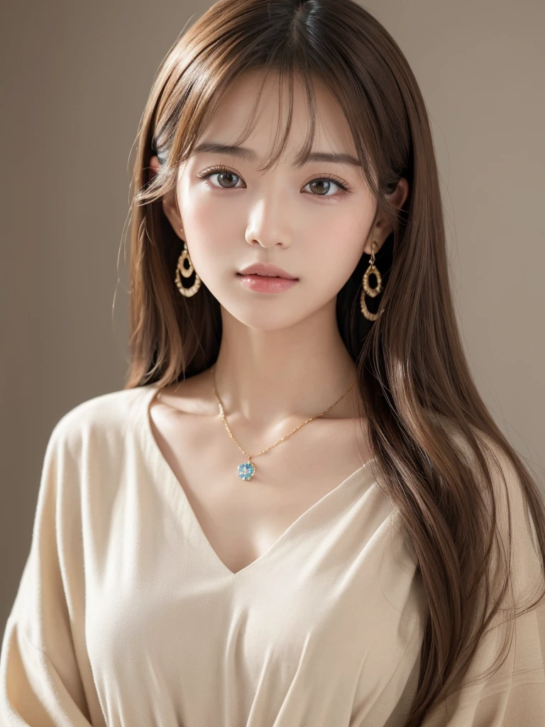 ((Highest quality, 8K, masterpiece:1.3)), concentrated: 1.2, Perfect Body Beauty: 1.4, Hip: 1.2, ((Long Hair, chest: 1.2)), (Dry clothes: 1.1) , (clear, Simple Background:1.3), Simple clothes: 1.1, Highly detailed face and skin texture,Delicate eyes, double eyelid, White skin, Rough skin、Long Hair、Bangs with earrings、necklace、 alone、Beige coat、White shirt, (((Cute Japanese Girl)))、 ((Beautiful Japanese woman 20 years old))、 ((Baby Face))、 (((Slender body)))、 Upper Body,Face Focus、necklace,Simple Background,From above, Realistic Hair、 The photo was taken:Canon EOS R6、135mm、1/1250 seconds、F2.8、ISO400、(Detailed description of the hand)、(Masseter region)、(Exquisite CGI)、Long Hair, loose and curly hair、Korean Hair、blonde、グラデーションハイライトグレージュのゆるふわLong Hairスタイル、