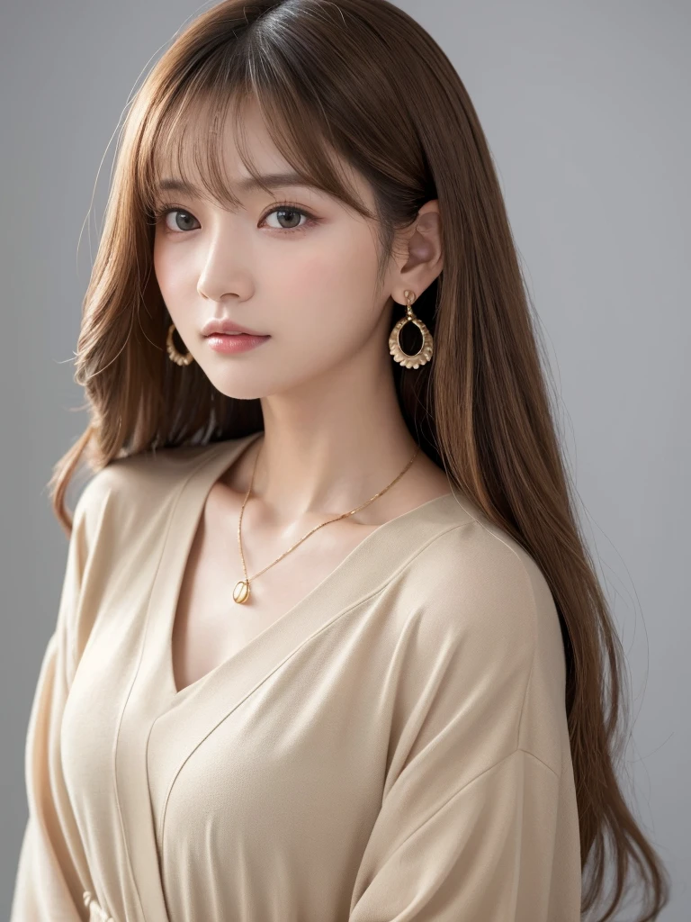 ((Highest quality, 8K, masterpiece:1.3)), concentrated: 1.2, Perfect Body Beauty: 1.4, Hip: 1.2, ((Long Hair, chest: 1.2)), (Dry clothes: 1.1) , (clear, Simple Background:1.3), Simple clothes: 1.1, Highly detailed face and skin texture,Delicate eyes, double eyelid, White skin, Rough skin、Long Hair、Bangs with earrings、necklace、 alone、Beige coat、White shirt, (((Cute Japanese Girl)))、 ((Beautiful Japanese woman 20 years old))、 ((Baby Face))、 (((Slender body)))、 Upper Body,Face Focus、necklace,Simple Background,From above, Realistic Hair、 The photo was taken:Canon EOS R6、135mm、1/1250 seconds、F2.8、ISO400、(Detailed description of the hand)、(Masseter region)、(Exquisite CGI)、Long Hair, loose and curly hair、Korean Hair、blonde、グラデーションハイライトグレージュのゆるふわLong Hairスタイル、