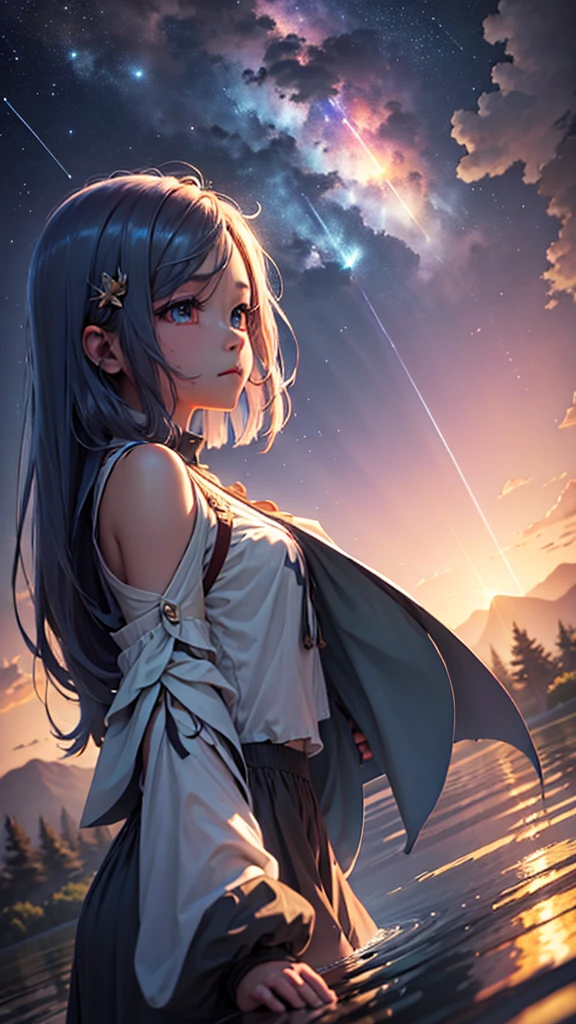 1 girl, Ojo, close up, beautiful night sky, meteor shower, Beyond the Clouds, Fenced water, reflections, wide angels, breathtaking clouds, wide angle, por Makoto Shinkai, thomas kinkade, James Gillard, por holossonialandscape, hdr, volumetric lighting, ray tracing, an intricate, High details, very detailled, deviantart, 4k vertical wallpaper,, colorfully, airy, anime illustration, anime nature wallpaper