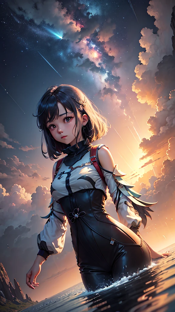 1 girl, Ojo, close up, beautiful night sky, meteor shower, Beyond the Clouds, Fenced water, reflections, wide angels, breathtaking clouds, wide angle, por Makoto Shinkai, thomas kinkade, James Gillard, por holossonialandscape, hdr, volumetric lighting, ray tracing, an intricate, High details, very detailled, deviantart, 4k vertical wallpaper,, colorfully, airy, anime illustration, anime nature wallpaper