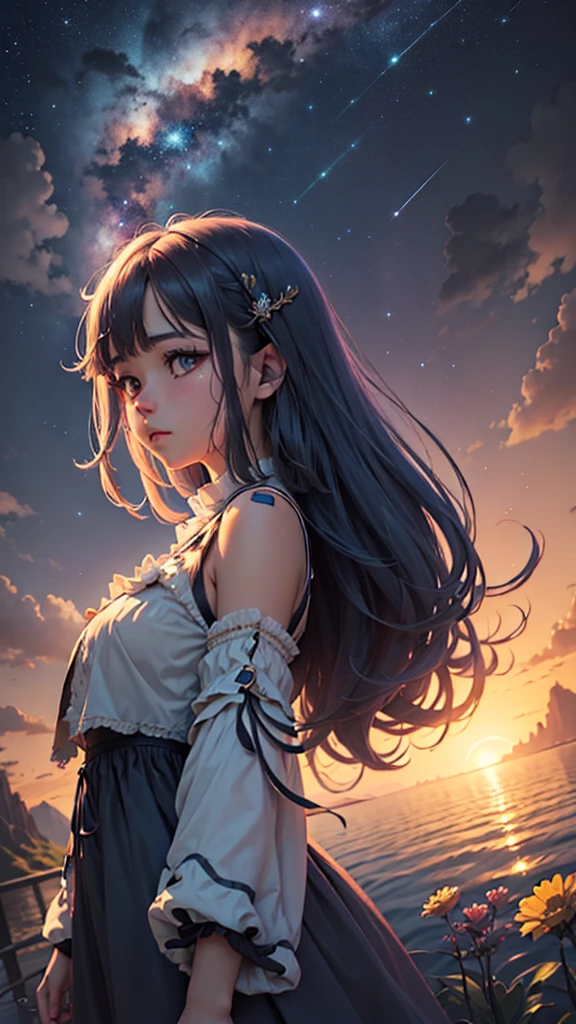 1 girl, Ojo, close up, beautiful night sky, meteor shower, Beyond the Clouds, Fenced water, reflections, wide angels, breathtaking clouds, wide angle, por Makoto Shinkai, thomas kinkade, James Gillard, por holossonialandscape, hdr, volumetric lighting, ray tracing, an intricate, High details, very detailled, deviantart, 4k vertical wallpaper,, colorfully, airy, anime illustration, anime nature wallpaper