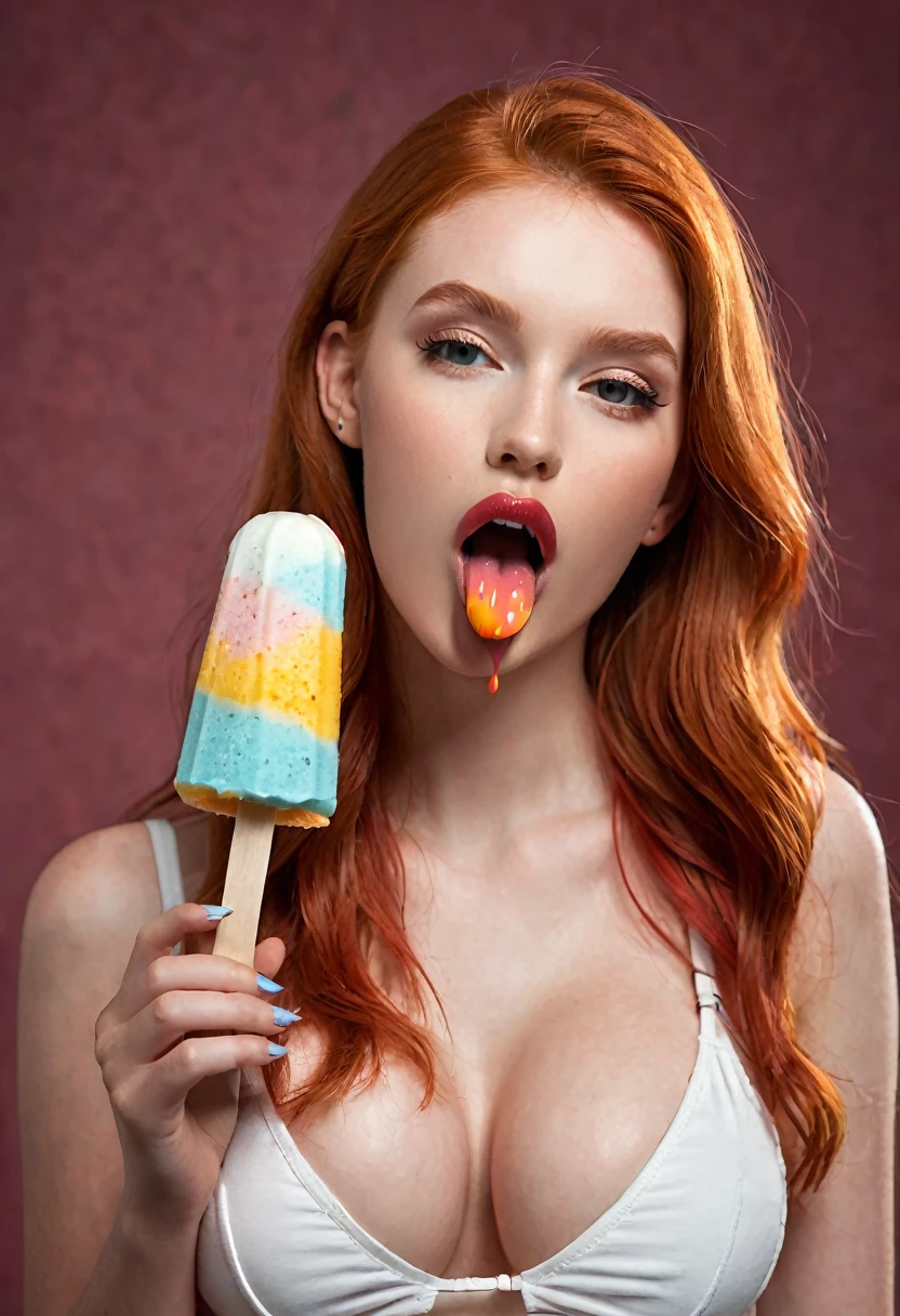 ultra realistic, photography, portrait, upper torso, red haired girl, 20 years old, hourglass figure, perfect body, supermodel, long legs, tongue licking popsicle, seductive