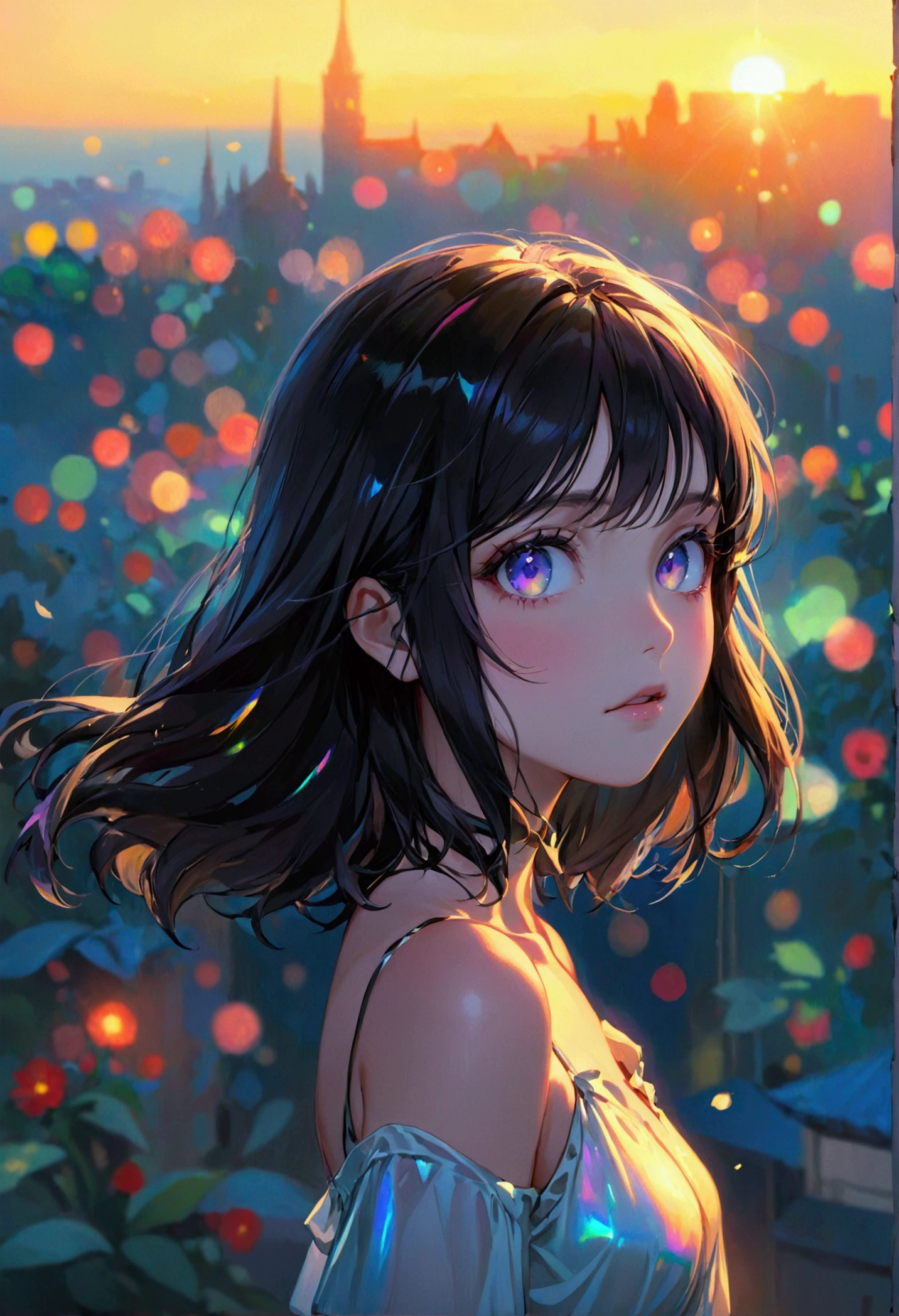 (masterpiece), best quality, expressive eyes, perfect face, Girl,long dark iridescent hair, iridescent eyes, small waist, medium chest, large thighs