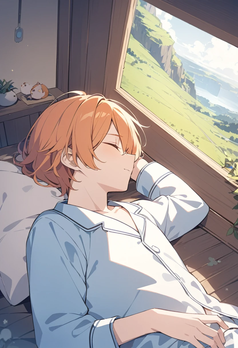 Orange Hair、man、man高校生、boy、Lying down、Pajamas、pajamas、Open your eyes、Landscape、profile、真顔のprofile、